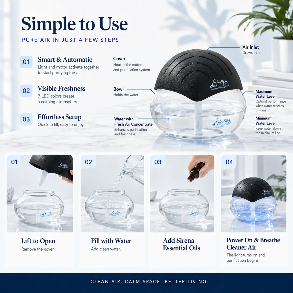 Sirena Twister Water Air Purifier with Aromatherapy & 7-Color LED